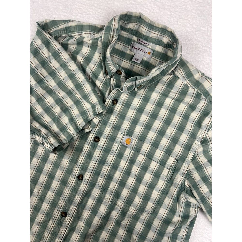 Carhartt Shirt Mens Medium Green Plaid Relaxed Fit Short Sleeve Button Up Work
